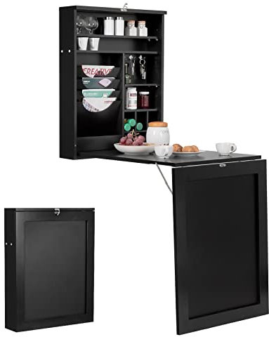 COSTWAY Bureau Mural Rabattable, Table Murale Pliable avec Compartiments Intégrés, Plateau Inscriptible, Étagère Réglable, Gomme et Morceau de Craie, Design Compact, 60 x 15 x 76 cm (Noir)