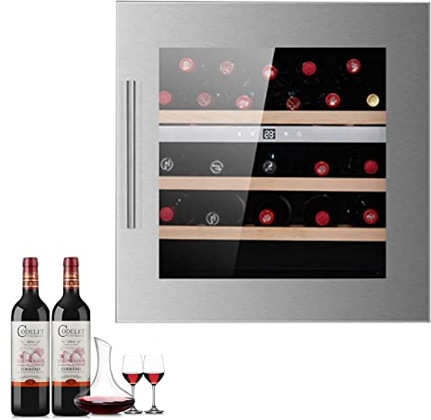 0℃ Outdoor Nevera para Vinos, Vinoteca para Bebidas, Empotrable, Puerta Acristalada, Pantalla LCD, Luz Interior LED, 30 Botella, Panel de Control Táctil, 72 L,Plata,Single Temperature