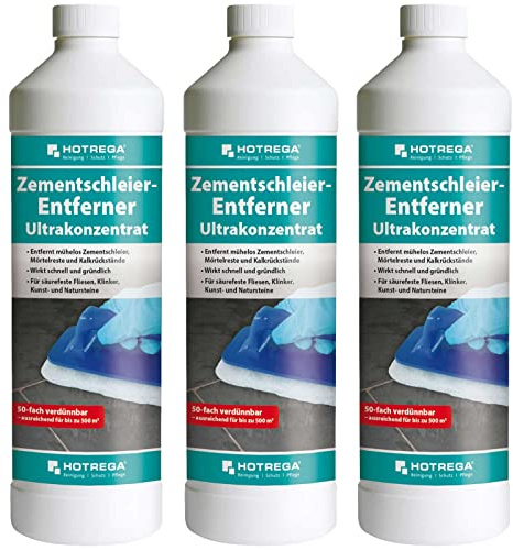 HOTREGA Zementschleier Entferner 3x 1 L | Konzentrat Steinreiniger Sauer | Mörtelreste & Kalkausblühungen effektiv lösen | Fliesen, Naturstein, Klinker | Bauendreinigung bis 500 qm | Grundreiniger