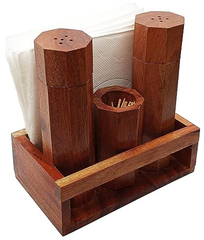 K & R Cocktail-Serviettenhalter aus Holz mit Salz- und Pfefferstreuer I Serviettenhalter aus Holz für Salz- und Pfefferstreuer I 4 Stück