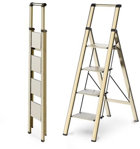 WOA WOA 4 Step Ladder, Ladders for Home, Anti-Slip Pedals, Aluminum Step Stool Foldable, Lightweight to Move, Ease of Storage, Reach 9ft for Closet Kitchen Library, Hold 300lbs - Gold