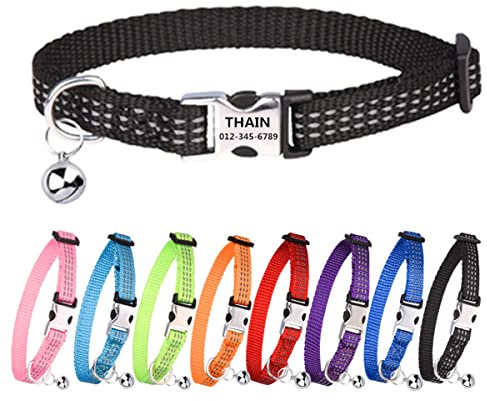 THAIN Katzenhalsband, personalisierbar, reflektierend, mit Glocke, personalisierbar, Namensschild mit Namen und Telefon, verstellbar für Katzen und Kätzchen (schwarz)