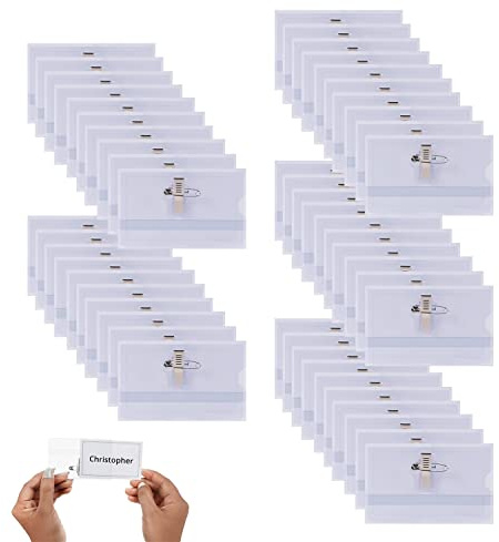 Rifrpha 50 PCS Porte Badge Plastique Horizontal Étanches avec Pince Crocodile, Épingle de Sécurité et Étui pour Cartes Vierges Porte-Carte d'Identité Transparent pour Ecole Entreprise Bureaux(90*56mm)