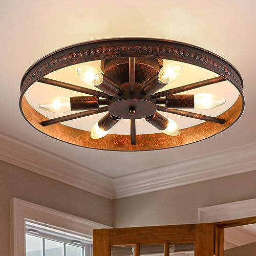 Modxian Farmhouse Round Semi Flush Mount Ceiling Light Red Rust Finish Dining Room Lighting Fixture Vintage Metal Ceiling Chandelier for Kitchen Bedroom 6 Light E12 φ18 Inches (6 Light)