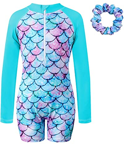 Vine Girls Swimsuit One Piece Swimwear Long Sleeve Zipper Sun Safe Mermaid Bathing Suit Swimming Costume for Girls Age 9-10 Years