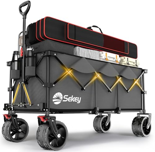 Sekey 300L Ultra-Large Folding Festival Trolley - All-Terrain Extra Wide Wheels and Brake, Heavy-Duty Cart Loadable up to 150KG, Patented Four-Directional Foldable Design, Collapsible Wagon, Grey