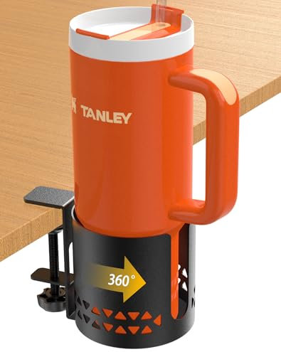 Sackei Desk Cup Holder Metal Under Desk 360° Rotating PC Gaming Accessories Anti-Spill Table Cup Holder Clamp on Chair for Coffee Mugs Stanley YETI Bottles, Pencil Holder