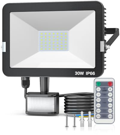 KALAHOL 2024 Newest 30W Security Lights Outdoor Motion Sensor with IR Remote Control, 3000LM 6500K Cold White Outdoor Lights IP66 Waterproof LED Floodlights for Garden, Backyard