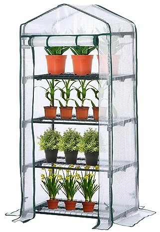 JUNGLE STONE Mini Greenhouse – 4 Tier, Waterproof Reinforced PE Plastic Cover, Roll up Double Zipper Door, Sturdy Steel Frame for Garden, Outdoor & Indoor –No Tool Easy Assembly, Clear