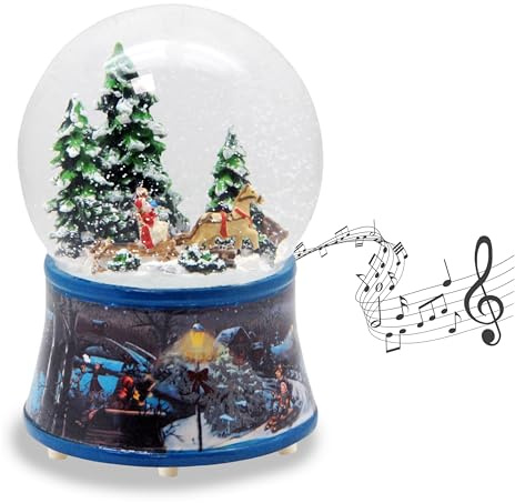 Schneekugel Schlittenfahrt mit Pferdekutsche * auf Sockel nostalgische Winterlandschaft dunkelblau Eisläufer Weihnachten Winter mit Spieluhr - 100mm breit | 20091