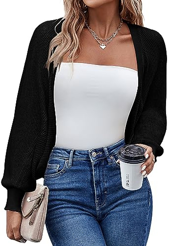 HOTOUCH Womens Open Neck Sweater Long Sleeve Soft Knit Outwear Cropped Bolero Dressy Shrug Black