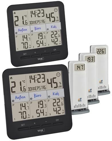 TFA-Dostmann Klima@Home2 Plus, 30.3075.01.99, 2 Display, Thermo-Hygrometer mit 3 Sender, Temperatur/Luftfeuchtigkeit in Wohn- & Arbeitsbereichen, Angabe des Taupunktes zur Schimmelvermeidung