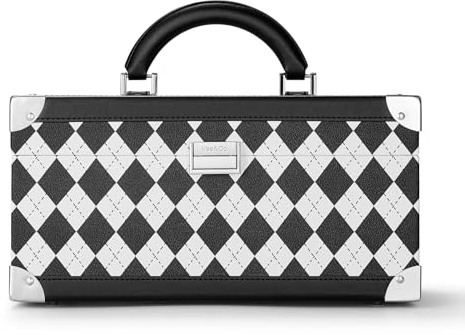 Vee Schmuckkästchen Damen,Personalisierte Schmuckkasten mit 3 Ebenen,Vintage Schachbrettmuster-Schmuckbox,flexibles Schmucktablett,Schmuckaufbewahrung mit Spiegel,viel Stauraum,Geschenkidee