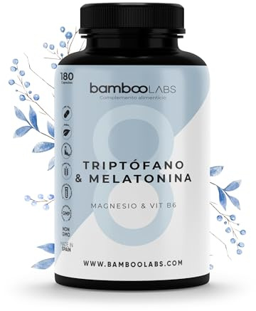 Bamboo Labs - L- Triptofano con Melatonina y Magnesio y Vitamina B6 para Dormir Bien Adultos, 180 Cápsulas de Melatonina con Triptofano para Calmar Ansiedad Comida y Ayudar a Conciliar el Sueño