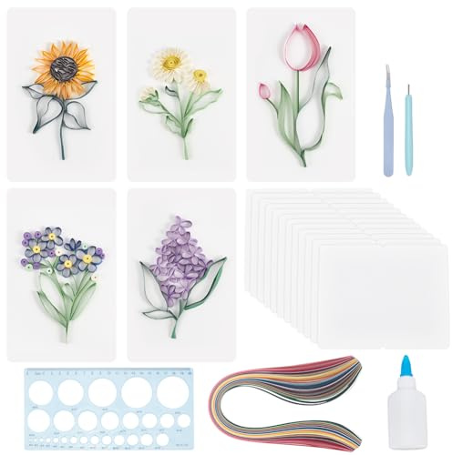 WEBEEDY 20 Juegos de Quilling de Papel para Principiantes, Juegos de Hacer Tarjetas de Quilling de Flores con 36 Tiras de Color, 20 Tarjetas, Herramientas de Quilling de Papel Y Accesorios, Casa,