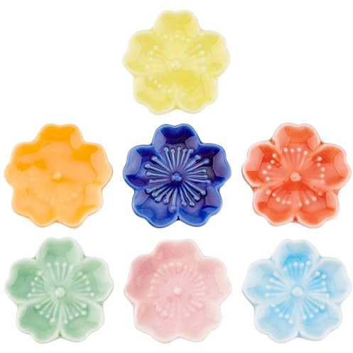 BENECREAT 7Pcs 7 Colors Cherry Blossom Porcelain Brush Holder Rest, Japanese Style Ceramic Paint Brush Pen Holders for Oriental Art Supply Painting Brushes, 4.6cm