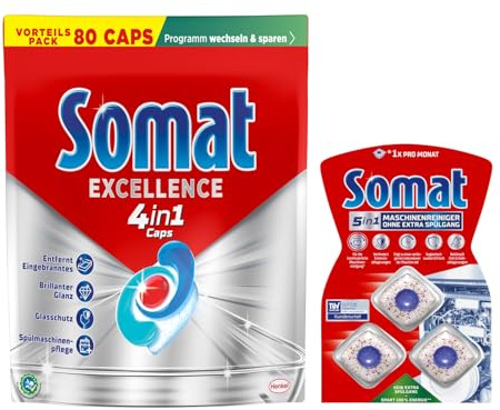 SOMAT 4in1 Caps 77 AW Excellence, schnellauflösende Spülmaschinentabs, für exzellente Reinigung & Glanz sogar im Eco-Programm + Somat Duo Power Experten 3 AW Maschinenreiniger 57g