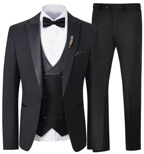 Men Suits Slim Fit 3 Piece Dress Suit Blazer Vest Pants with Bow Tie Handkercher Brooch Dinner Party Prom Peak Lapel Black Men Tuxedo L