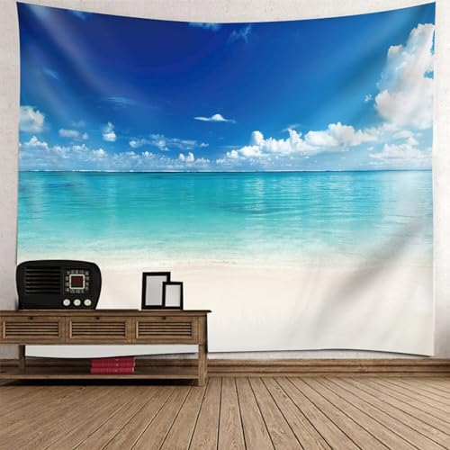 Wandteppich Natur, Blauer Himmel, weiße Wolken und Beiger Meeresstrand Tapisserie Wandbehang für Wohnzimmer Schlafzimmer Wohnheim Wanddeko, 150x150cm