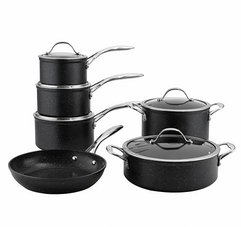 ProCook Professional Black Granite Induction Hob Pots & Pans Set Non-Stick Saucepan Set Cookware Induction Pans - 6 Piece, 14/16/18/20/24 cm, 1.2/1.8/2.5/3.5 L