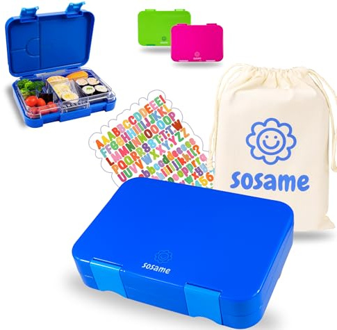 sosame® Brotdose für Kinder mit 6 Fächern – Bento Lunchbox auslaufsicher – inkl. Baumwoll-Kordeltasche & Buchstabenaufkleber – Jausenbox für Schule & Kindergarten (Blau)