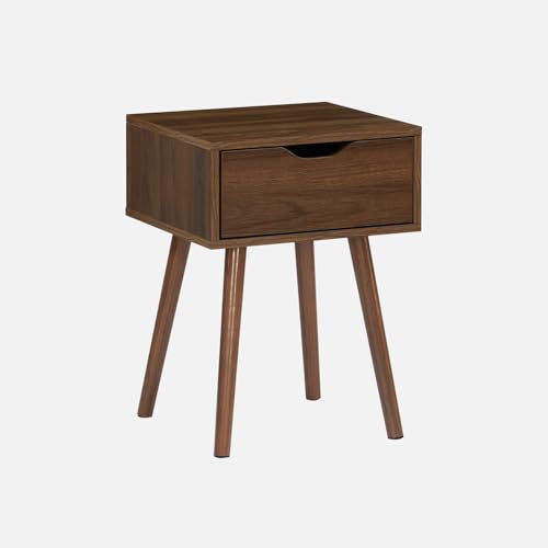 sweeek - Mesita de Noche de Madera teñida de Nogal, 1 cajón, Nepal, Madera de Nogal, 39x39x55 cm