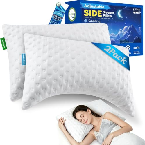 btasleeep Side Sleeper Pillows for Neck & Shoulder Comfort - Ergonomic Curved Crescent Design, Adjustable Shredded Memory Foam, Cooling & Soft Cover, Extra Fill Included, Queen Size Pillows Set of 2