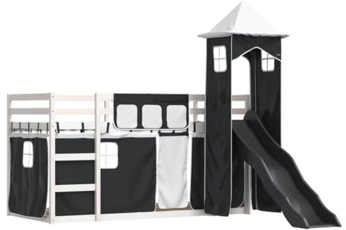 vidaXL Etagenbett, Stockbett mit Rutsche Gardinen, Kinderbett mit Rausfallschutz Lattenrost, Spielbett Bett ohne Matratze, Weiß Schwarz 90x200cm