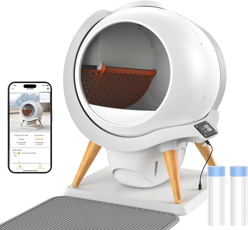 Selbstreinigende Katzentoilette IPX5 Wasserdicht, Elektrisches Katzenklo | 63L Automatische Katzentoilette für Katzen Offenes Design, App-Steuerung/Sensorschutz/Geruchskontrolle, Mehrere Katzen 3-15kg