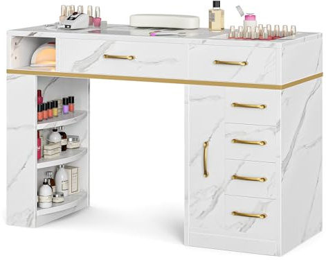 Belandi Manicure Table Nail Station for Nail Tech, Glass Top Nail Table w/Electric Dust Collector, 7 Drawers & 3-Tier Shelves, Nail Beauty Workstation w/Wrist Cushion, Golden Handles(White Marble)