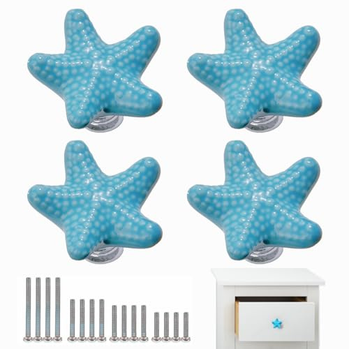 4 Pomoli in ceramica a forma di stella marina per armadietti, pomelli per mobili per bambini, pomelli per armadio, maniglie per mobili, Pomelli Cucina con 4 Dimensioni Vite (Blu)