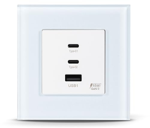 Steckdose, Super Fast Charging Steckdosen - Typ C & USB, Flush-Mounted Socket, Max Ladegeschwindigkeit - 65W für Typ C, 20W für USB, Wandsteckdose mit Flaches Design mit gehärtetem Glas, 86mm,100-240V