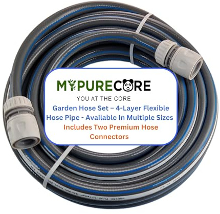 MYPURECORE Garden Hose – 4-Layer Flexible Hose Pipe with 2 Universal Hose Connectors – Kink-Resistant, UV-Protected, Durable PVC Watering Hose for Garden, Car Wash & Outdoor Use (5m)
