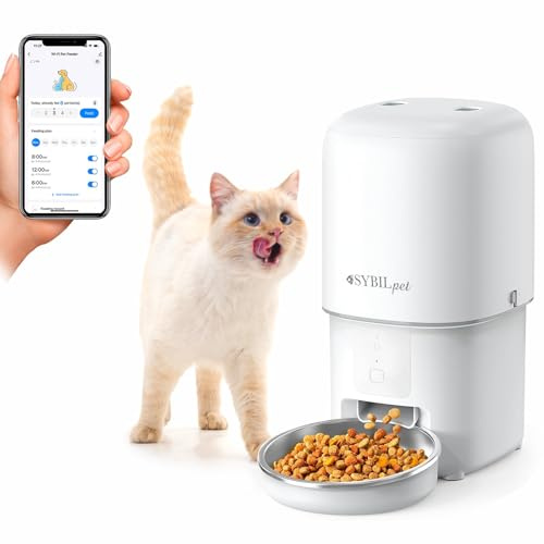 SYBILPET Automatic Cat Food Dispenser with App and Voice Message – Silent and Anti-Lock Dispenser with 4L Capacity and Programmed Meal Control
