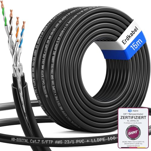 HB-DIGITAL Câble réseau d'extérieur CAT 7 de 15 m pour pose directe à la terre - Certifié -GHMT - S/FTP AWG23 - En cuivre pur - Double gaine PVC + LLDPE PoE 10 Gbit/s - Câble Ethernet pour l'extérieur