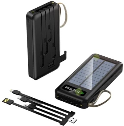 KISUFU Power Bank Solar Inalámbrico de 20000mAh con Manivela y 4 Cables, Batería Externa Cargador Portátil con Lumière flash, Soporte, cuerda colgante para Smartphones, Tabletas (Negro, 20000mah)