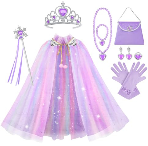 Vicloon Kappa prinsessa flicka tyll cape med paljetter, prinsesstillbehör med krona, trollstav, halsband, armband, ring, örhängen, handskar för halloween, karneval, födelsedag, fest