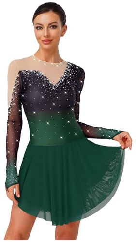 Fldy Robe de patinage artistique pour femme - Manches longues - Paillettes - Dégradé de couleurs - Robe de danse - Body avec jupe irrégulière - Ballet - Compétition - Tenue de danse, vert, M