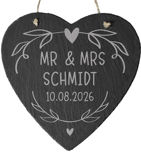 4youDesign | Schieferherz zur Hochzeit „Mr & Mrs“ – personalisierbar mit Namen & Datum – liebevolles Geschenk aus echter Schieferplatte für Brautpaare & Hochzeitsfeiern