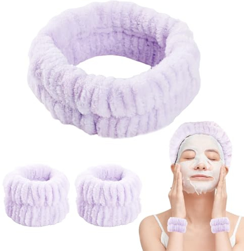 Bighan Spa Stirnband Damen mit Wasch Armbänder Haarband, Waschband Frauen Gesicht, Frottiertuch Makeup Haarbänder Elastic, Elastisches Stirnband für Dusche Hautpflege Sport - Lila