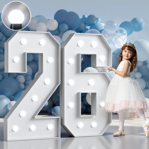Marquee Numbers 4 Feet Tall Big Light Up Numbers 26th Birthday Decorations Women Men Graduation Decorations 2026 White Anniversary Party Decor Large Cardboard Prop Backdrop Sign 26 | Cool White Light, Large 26th Anniversary Party Decor, Big Stable Sign, Assembly Required, Foam Board 41 Pcs Accessory Set