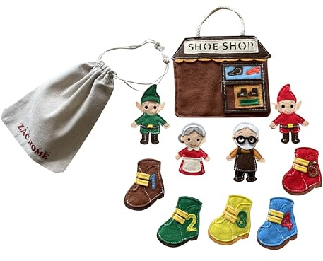 ZAC HOME Elfen und der Schuster Fingerpuppen Set - Klassisches Märchen mit Schuhmacher, Ehefrau, 2 Elfen & 5 nummerierten Schuhen - Filzpuppen mit Aufbewahrungstasche zum Geschichtenerzählen und