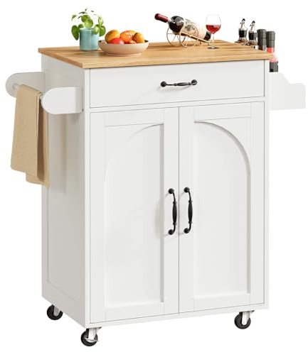 RALGEND Küchenwagen mit Arbeitsplatte und auf Rollen, Kücheninsel | mit Schublade, Küchenschrank mit Handtuchstange und Gewürzregal, Rollwagen 60 × 40 × 88 cm, Weiß and Holzfarbe