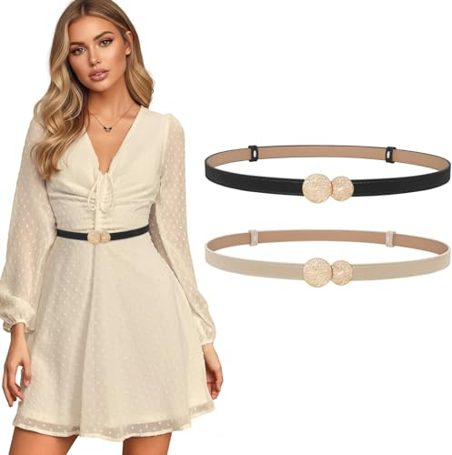 LEACOOLKEY 2 Stück schmal Gürtel Damen Taillengürtel Verstellbarer Schmaler dünner Ledergürtel mit goldene Schnalle für Kleid Schwarz Beige 105 CM