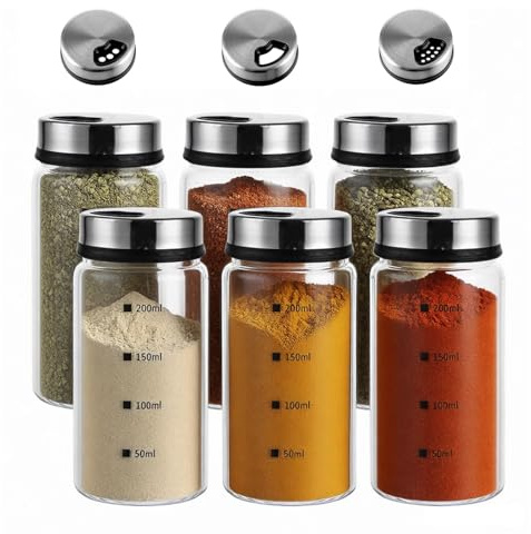 eupdd Kryddströare glas: 6 stycken 200 ml kryddburkar stora, kryddströare med 3 kryddhål, kryddburk med roterande lock för saltpeppar, perfekt för kök och utomhusgrillning