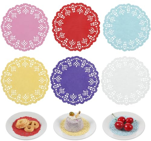 Tortenspitze, 120 Stück 9cm Spitzenpapier für Kuchen Tortenunterlage Rund Küche Backpapier Tischset Papier für Geburtstag Hochzeit Party Kuchen Pizza Pappteller (Weiß, Gelb, Rosa, Rot, Lila, Blau)