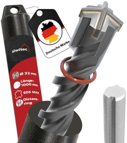 siwitec SDS Max Bohrer 32 x 1000 mm, SDS Bohrer für Stahlbeton, Stein und Beton, Steinbohrer inkl. Distanzring, Betonbohrer mit 4-Schneiden Geometrie und Doppelwendel