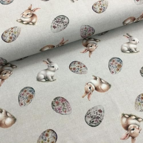 Canvas Baumwolle EGGSplosion - Ostern – Hasen & Ostereier auf Hellgrau – Dekostoff - Meterware ab 0,5 m -für Kissen, Taschen, Tischdecken & Osterdeko (Eier & Hasen)