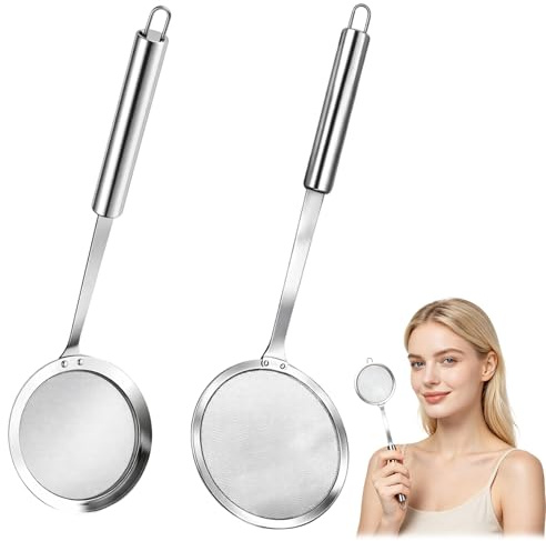 2PCS Skimmer Spoon, Fine Mesh Strainer and Cooking Oil Filter, Stainless Steel Skimmer Set, Ergonomic Design, for Kitchen Use, Skimming Cooking Frying Grease Gravy and Foam