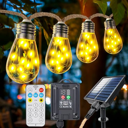Solar Lichterkette Aussen Mit 20 Glühbirnen IP65, 8 Modi Solar Lichterkette Außen Wetterfest Warmweiß, Vintage Solarlichterketten mit Hanfseil Outdoor für Garten, Party,Balkon (20 Birnen mit FB)